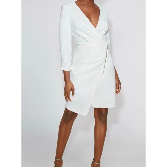 NEW YORK & COMPANY White Asymmetrical Wrap Dress with Ruched 3/4 Sleeve Design S - Picture 1 of 10